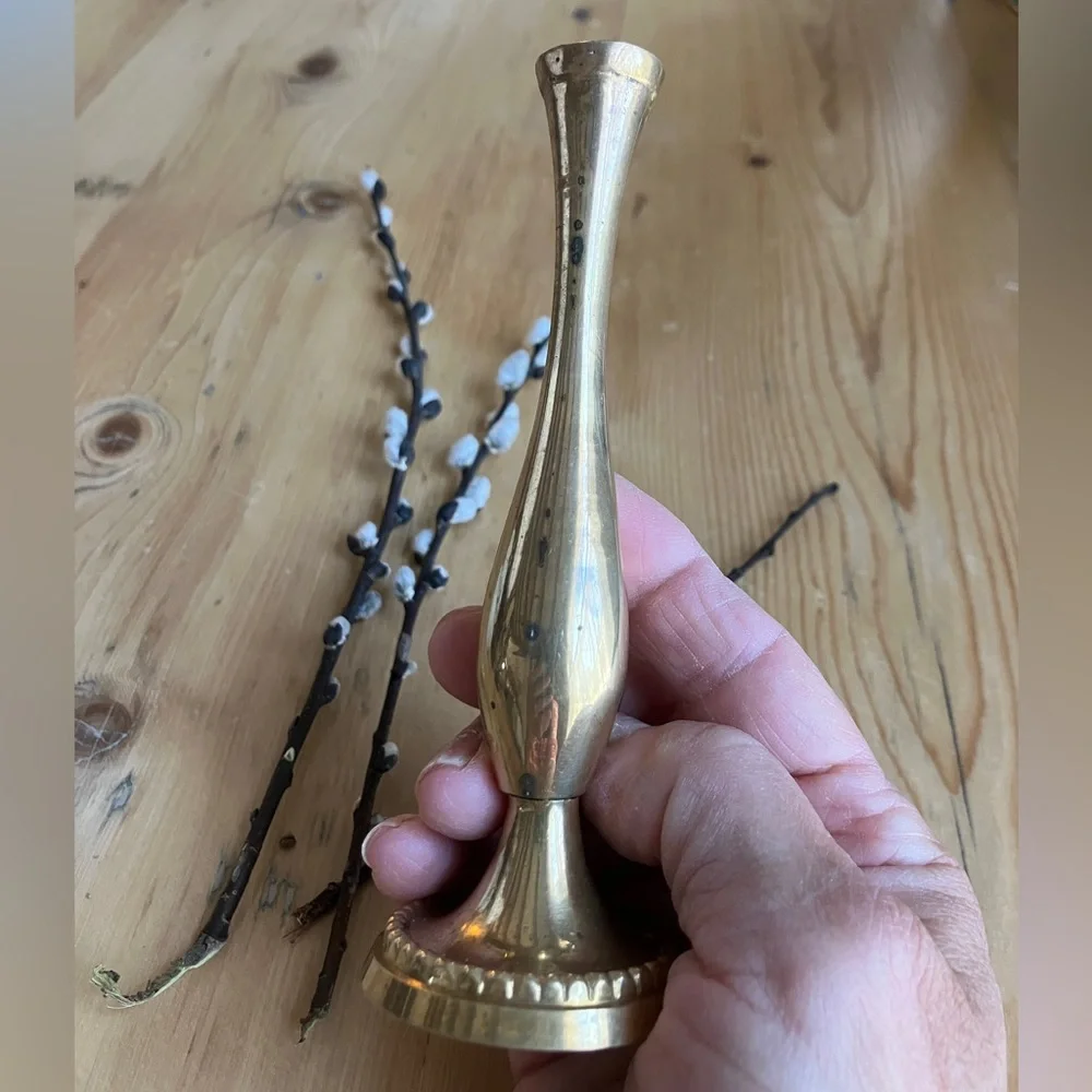 2/$30 Vintage Mini Brass Bud Vase 5.5” Tall 2 and 7/8’s” Base Patina Finish